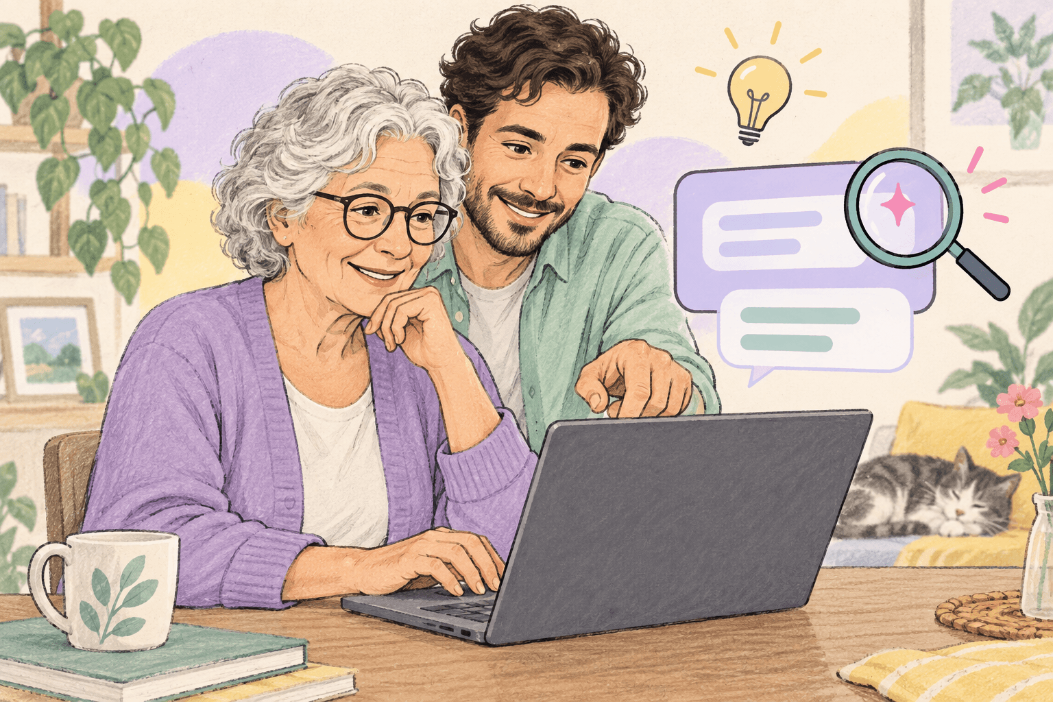 An older woman exploring an AI assistant with a helper and checking its answers.