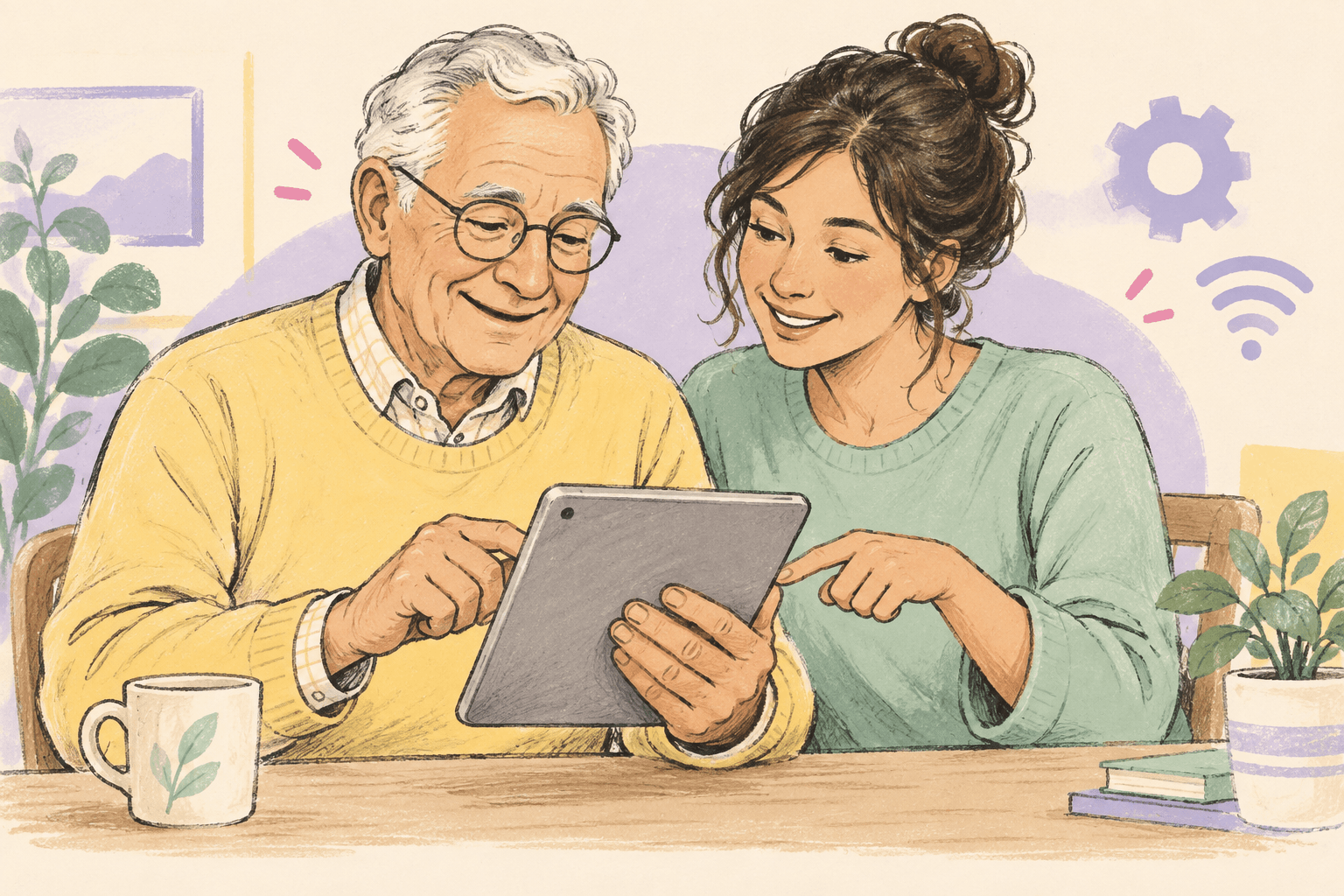 An older man learning to use his tablet with a patient helper.