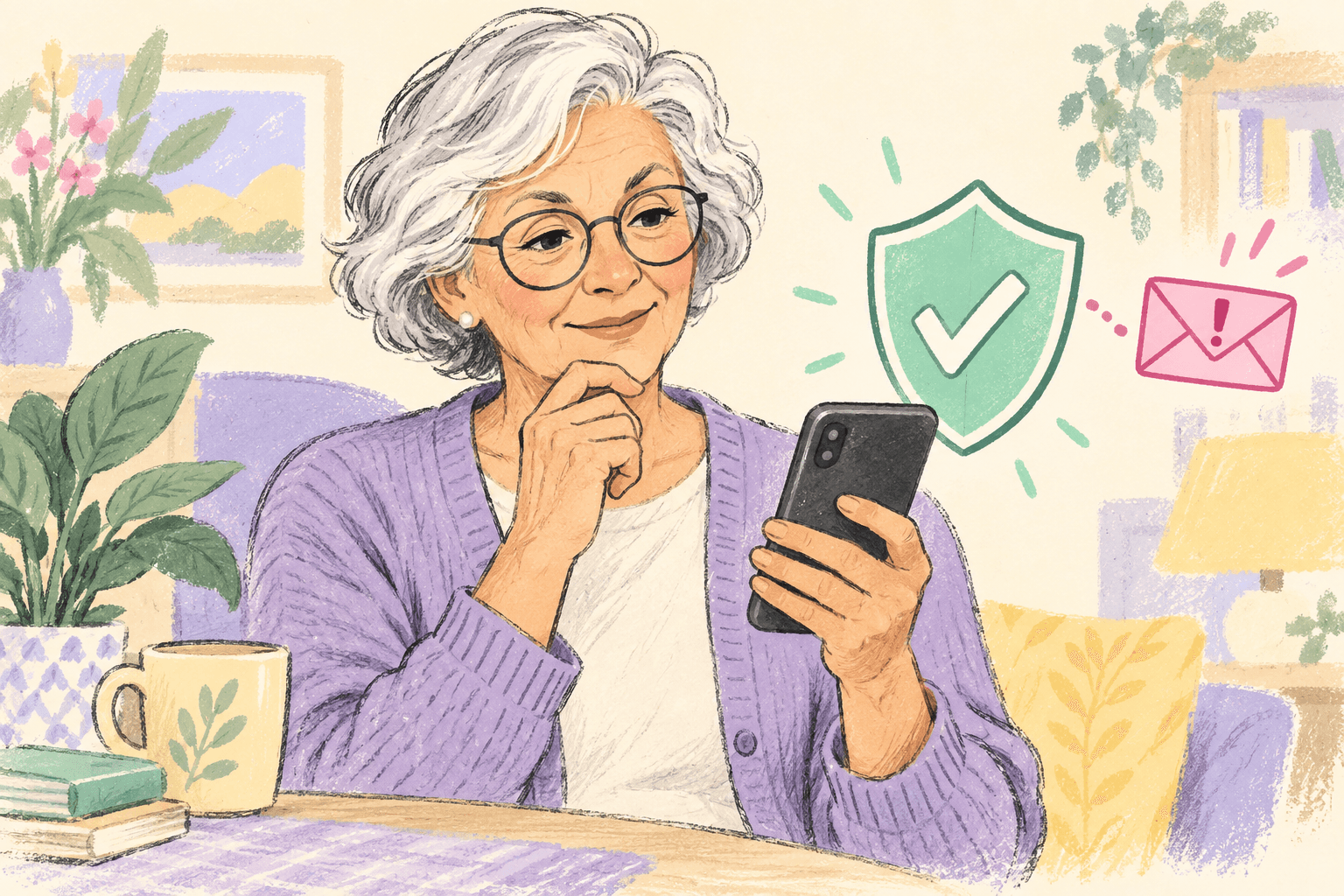 An older woman checking a phone message beside a protective shield.