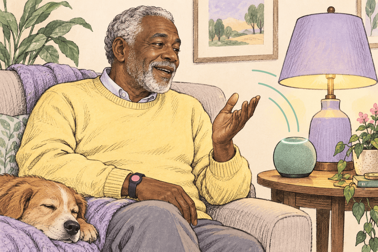 An older man using a smart speaker to control a lamp at home.