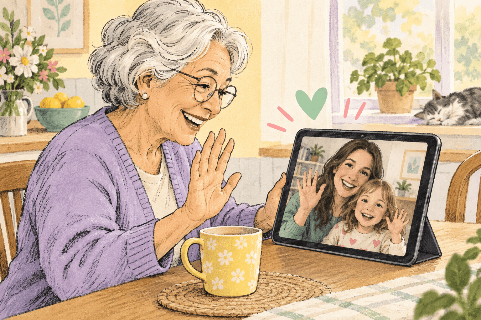 An older woman enjoying a video call with her daughter and grandchild.