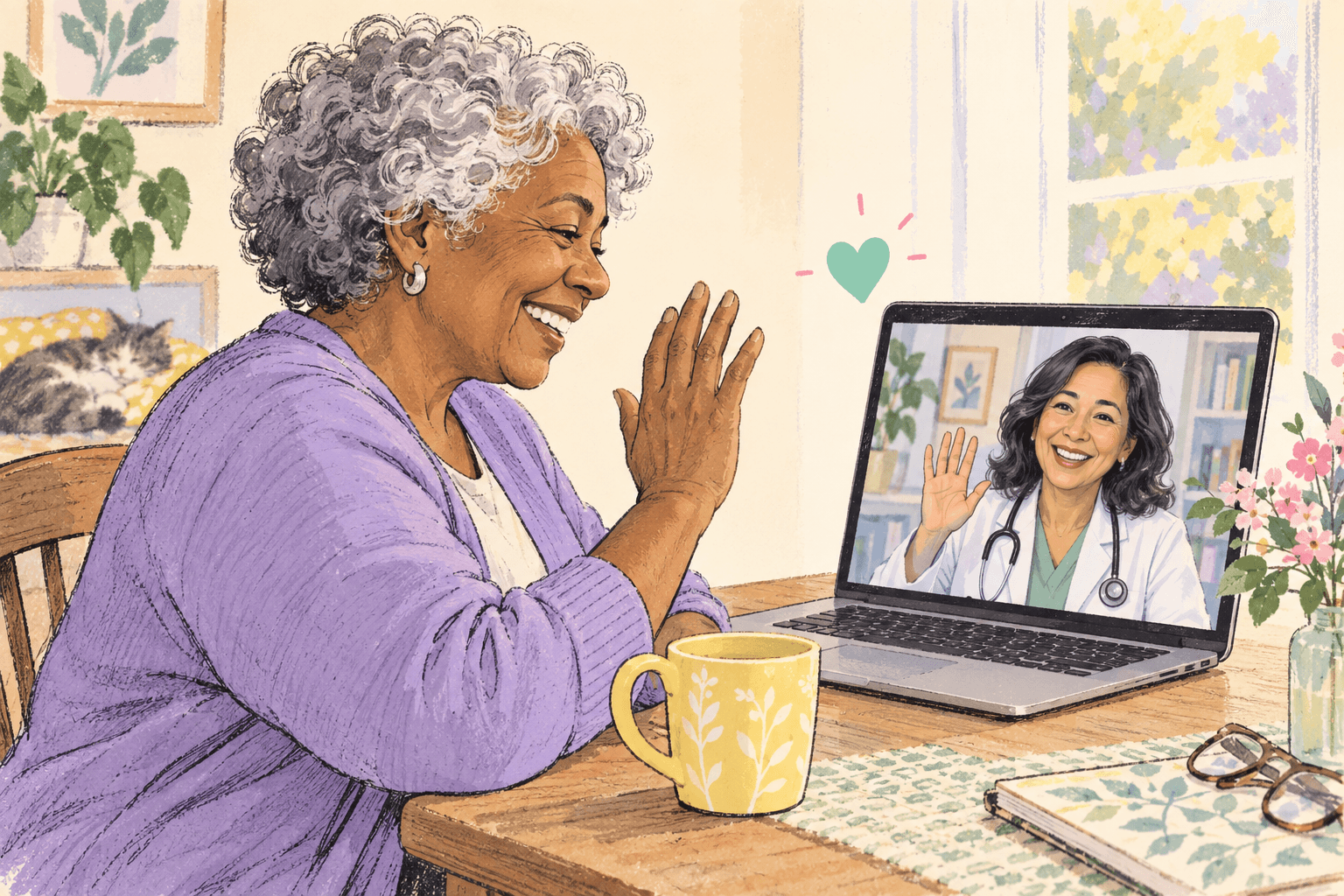 An older woman greeting her doctor on a video call from home.