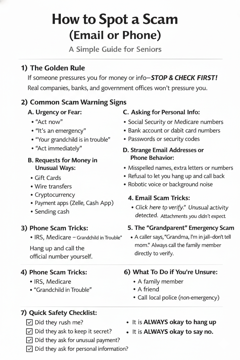 How to Spot a Scam (Email or Phone) – A Simple Guide for Seniors: golden rule, warning signs, phone and email tricks, grandparent scam, what to do if unsure, quick safety checklist.